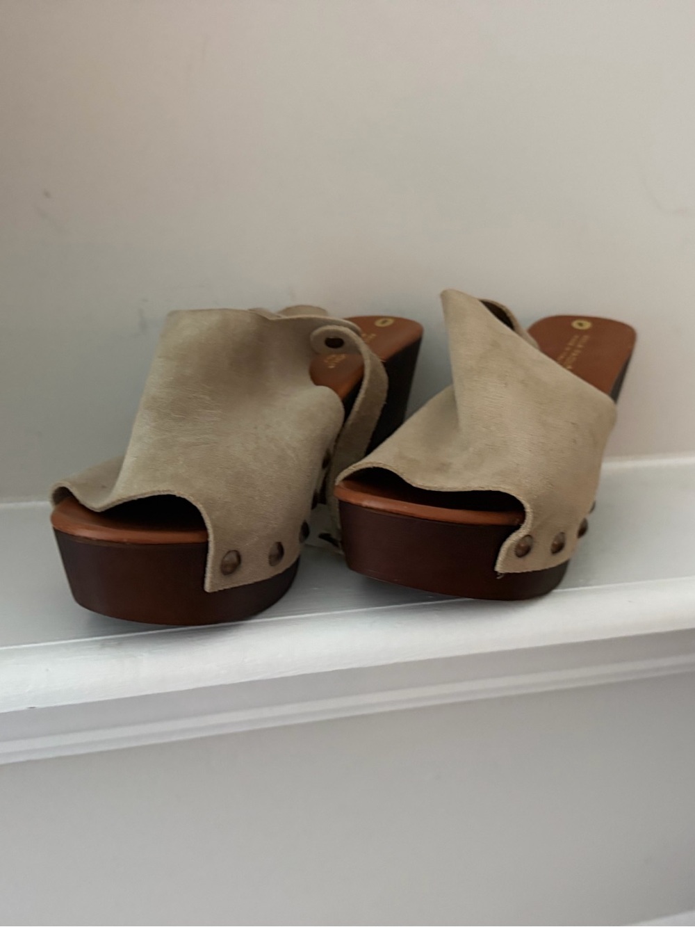 Mila Paoli Taupe Suede Studded Platform Clogs